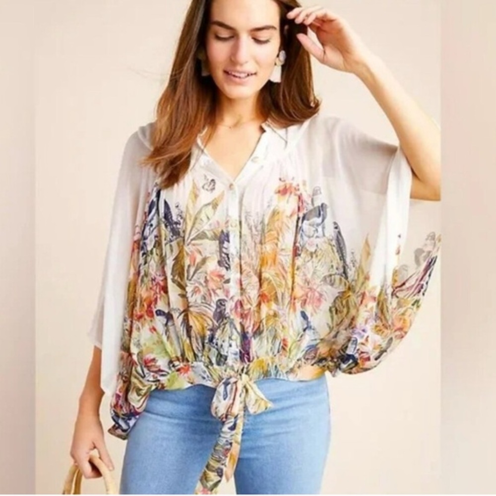 MAEVE by ANTHROPOLOGIE Drapey Butterfly Floral Button-Up Blouse, XS/S Petite